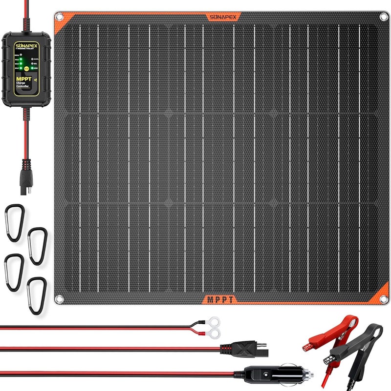 SUNAPEX 12V 50 Watt Solar Trickle Charger Maintainer with MPPT Controller - Portable Waterproof Solar Powered Battery Charger - Solar Panel Kit for Car Rv Trailer Truck Boat Automotive Marine - Image 1